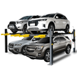 An AMGO 409-DPX Double Parking Lift, a yellow and black four-post lift with three SUVs stacked on its platforms, including two white SUVs on top and a gray one on the bottom, on a transparent background.