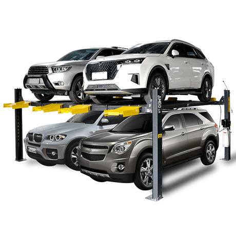 An AMGO 409-DPX Double Parking Lift, a yellow and black four-post lift with three SUVs stacked on its platforms, including two white SUVs on top and a gray one on the bottom, on a transparent background.