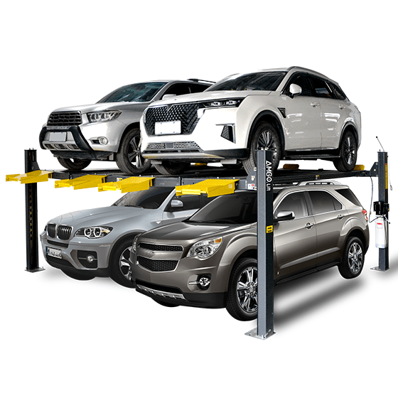 An AMGO 409-DPX Double Parking Lift, a yellow and black four-post lift with three SUVs stacked on its platforms, including two white SUVs on top and a gray one on the bottom, on a transparent background.