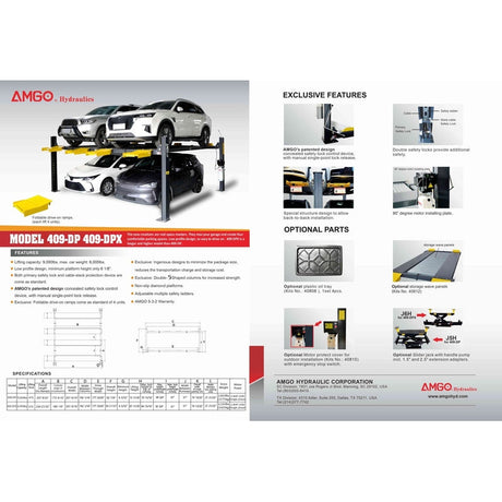 A brochure for the AMGO 409-DPX Double Parking Lift, showcasing the lift with three stacked SUVs, along with detailed product specifications, diagrams, and features.