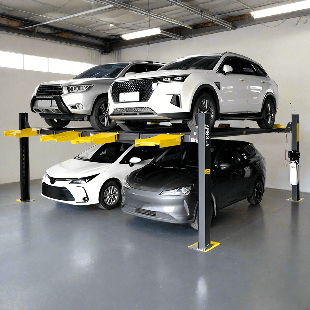 A black AMGO 409-DP Double Parking Lift, with two white SUVs and a dark sedan elevated, showcasing its 9,000 lbs total capacity in a garage setting.