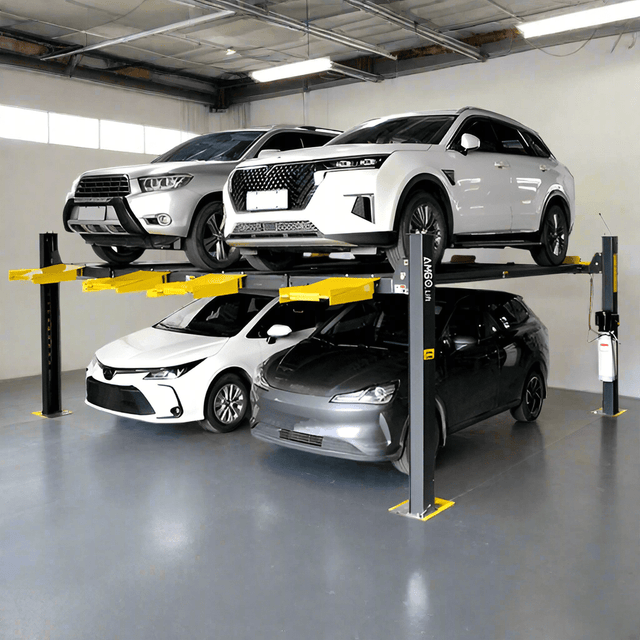 A black AMGO 409-DP Double Parking Lift, with two white SUVs and a dark sedan elevated, showcasing its 9,000 lbs total capacity in a garage setting.