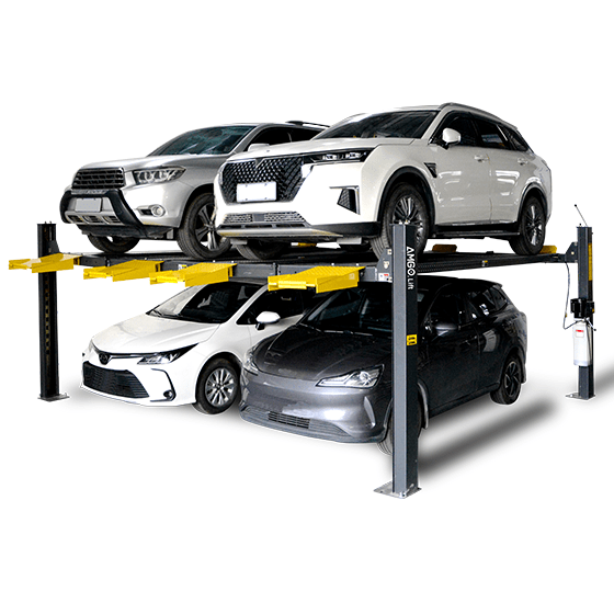 A black AMGO 409-DP Double Parking Lift with a white SUV on the top platform and a dark sedan on the bottom, on a white background, demonstrating how it stores two vehicles.