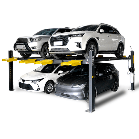 A black AMGO 409-DP Double Parking Lift with a white SUV on the top platform and a dark sedan on the bottom, on a white background, demonstrating how it stores two vehicles.