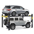 AMGO 409-HP Pro Series 4-Post Parking Lift, a black and yellow lift with two vehicles stacked on it—a silver SUV on top and a gray Jeep on the bottom—on a transparent background.