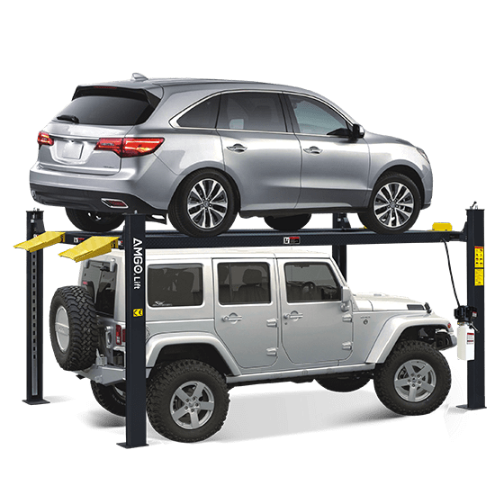 AMGO 409-HP Pro Series 4-Post Parking Lift, a black and yellow lift with two vehicles stacked on it—a silver SUV on top and a gray Jeep on the bottom—on a transparent background.