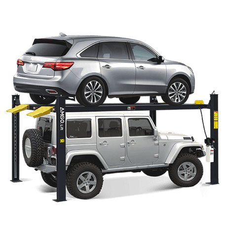 AMGO 409-HP Pro Series 4-Post Parking Lift, a black and yellow lift with two vehicles stacked on it—a silver SUV on top and a gray Jeep on the bottom—on a transparent background.