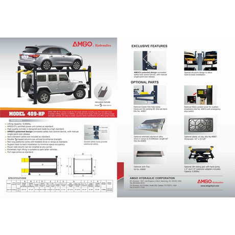 A brochure for the AMGO 409-HP lift, with a photo of a silver SUV and a gray Jeep on the lift, along with detailed product specifications, diagrams, and features.