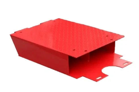 A standalone red AMGO 41203 Length Extension Kit, designed to add an extra 26" (660mm) to a lift's platform, is shown on a white background. The kit's heavy-duty steel construction is highlighted, as are its purpose as an add-on accessory for a lift's platform and its compatibility with select AMGO lifts.