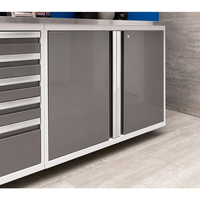 NewAge Pro Series 9 Piece Cabinet Set With Wall, Base, Tool Drawer Cabinet, 56 in. Integrated Shelf and 112 in. Worktop