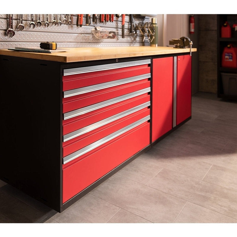 NewAge Pro Series 9 Piece Cabinet Set With Wall, Base, Tool Drawer Cabinet, 56 in. Integrated Shelf and 112 in. Worktop