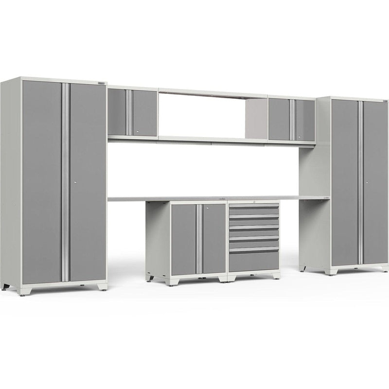 NewAge Pro Series 9 Piece Cabinet Set With Wall, Base, Tool Drawer Cabinet, 56 in. Integrated Shelf and 112 in. Worktop