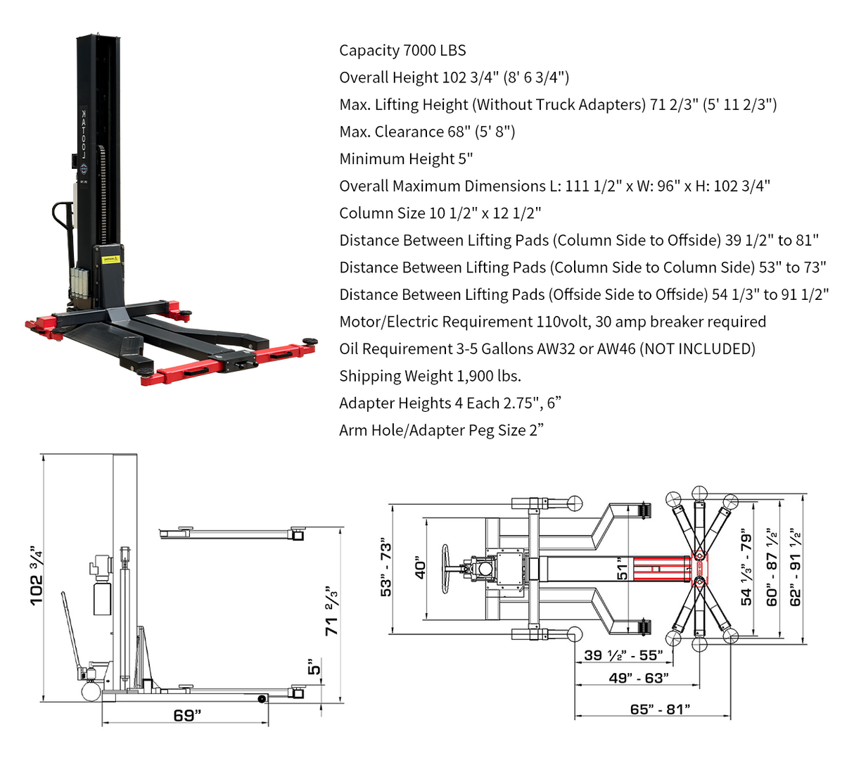 Katool 7,000lb Single Post Lift SPL-700
