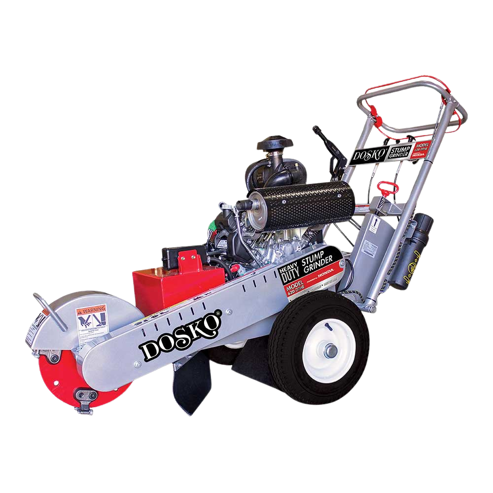 The Dosko 620-20HE Stump Grinder is displayed against a transparent backgorund, highlighting its Honda GX630 engine and overall structure.