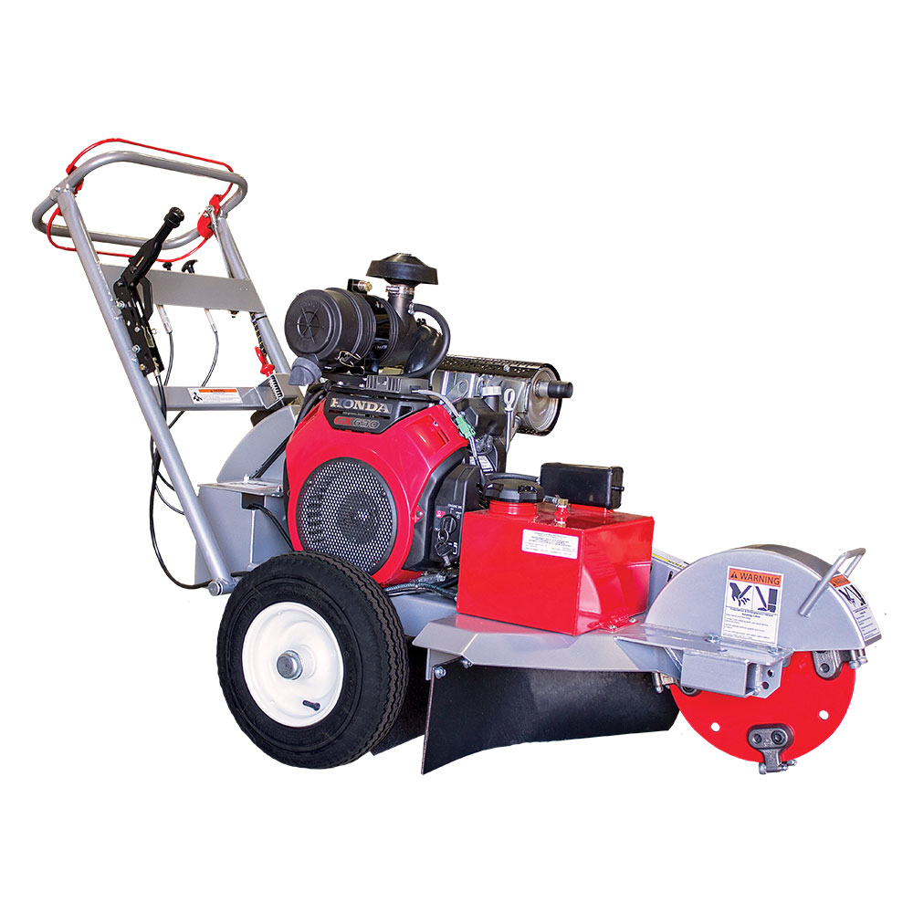 A side view of the Dosko 620-20HE Stump Grinder featuring a red Honda GX engine, large wheels, and a side discharge frame, set on a white background.