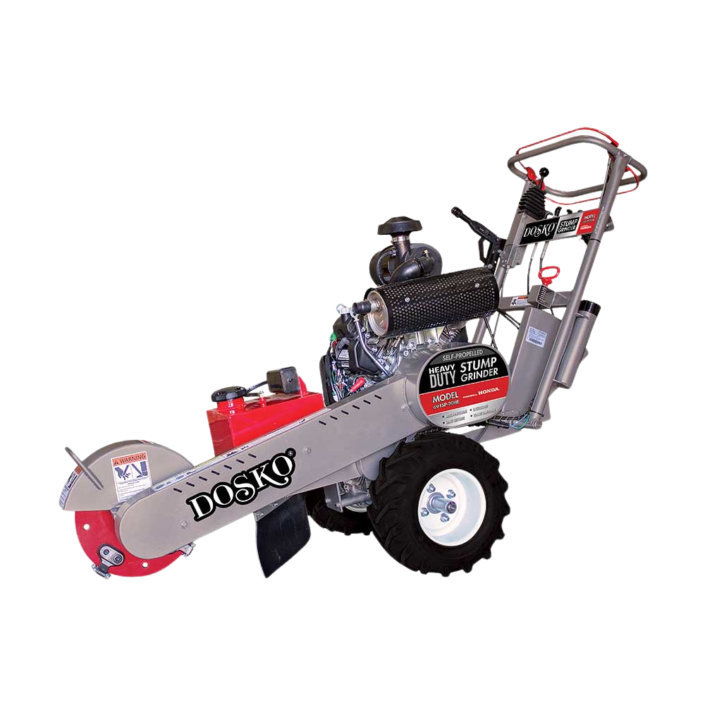 The Dosko 691SP-20HE Self-Propelled Stump Grinder with a red Honda engine and Greenteeth cutting wheel is displayed against a transparent background.