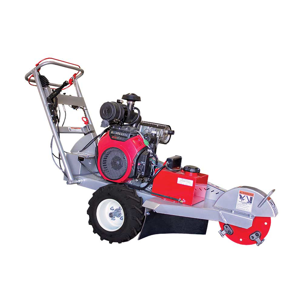A full-side view of the Dosko 691SP-20HE Self-Propelled Stump Grinder with all-terrain tires and a red Honda engine, set on a white background.