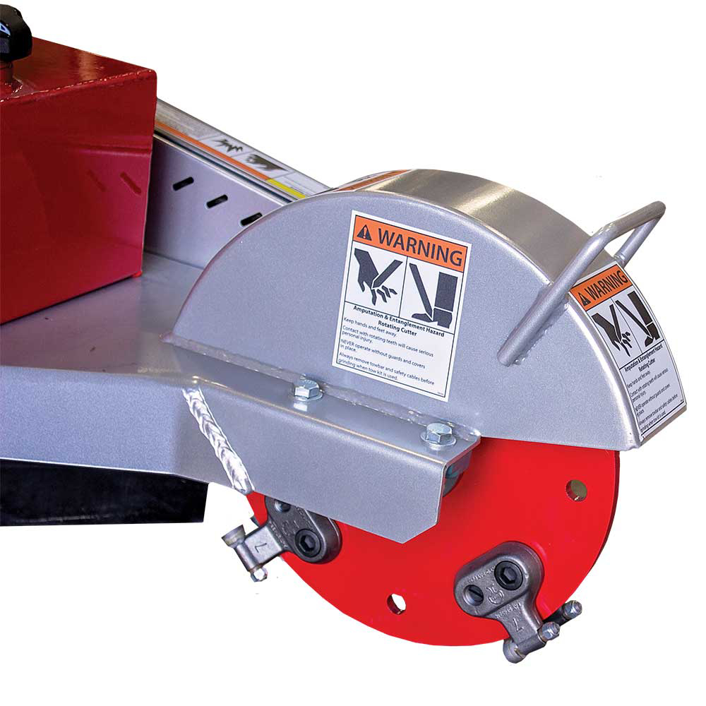 A detailed view of the Dosko 691SP-20HE's red cutting wheel and protective guard, which has a prominent "WARNING" sign and a side discharge frame.