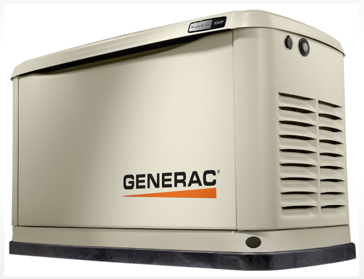 A three-quarter view of the gray Generac Essential Circuit standby generator, highlighting its compact, weatherproof aluminum enclosure with a black base and the Generac logo on the side.