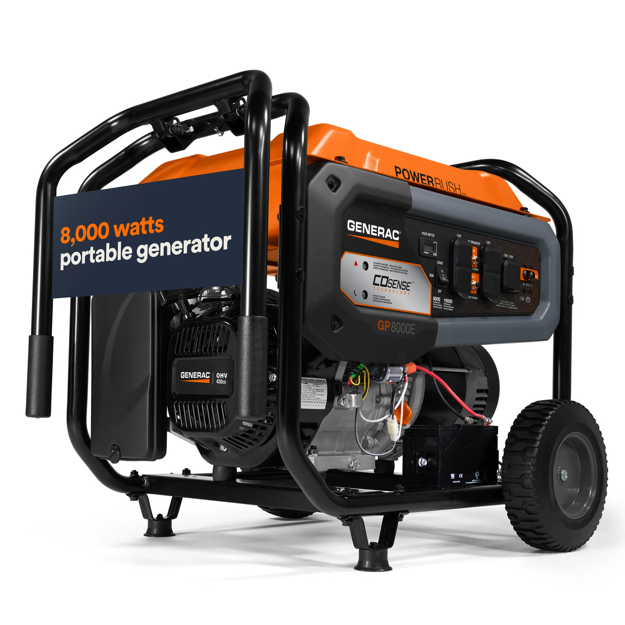 The Generac GP8000E Portable Generator - Model 7675, with the "8,000 watts portable generator" headline on a dark orange overlay and "GENERAC" and "POWER RUSH" logos visible on the side.