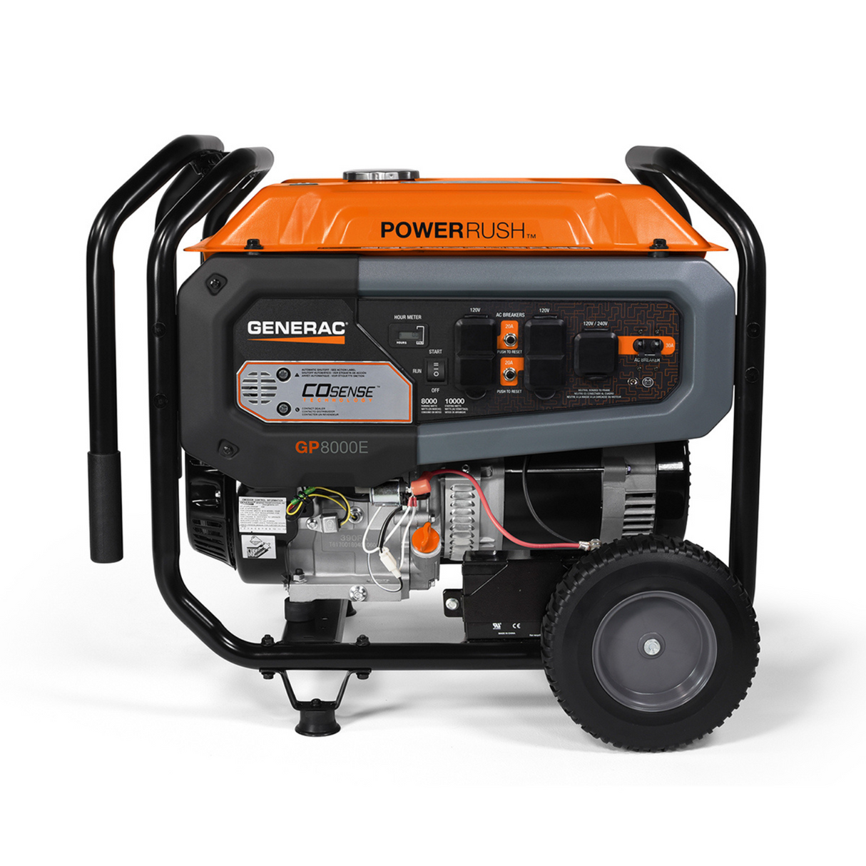 Side view of the orange and black Generac GP8000E Portable Generator - Model 7675, showing the control panel with multiple outlets, gauges, and the electric start button.