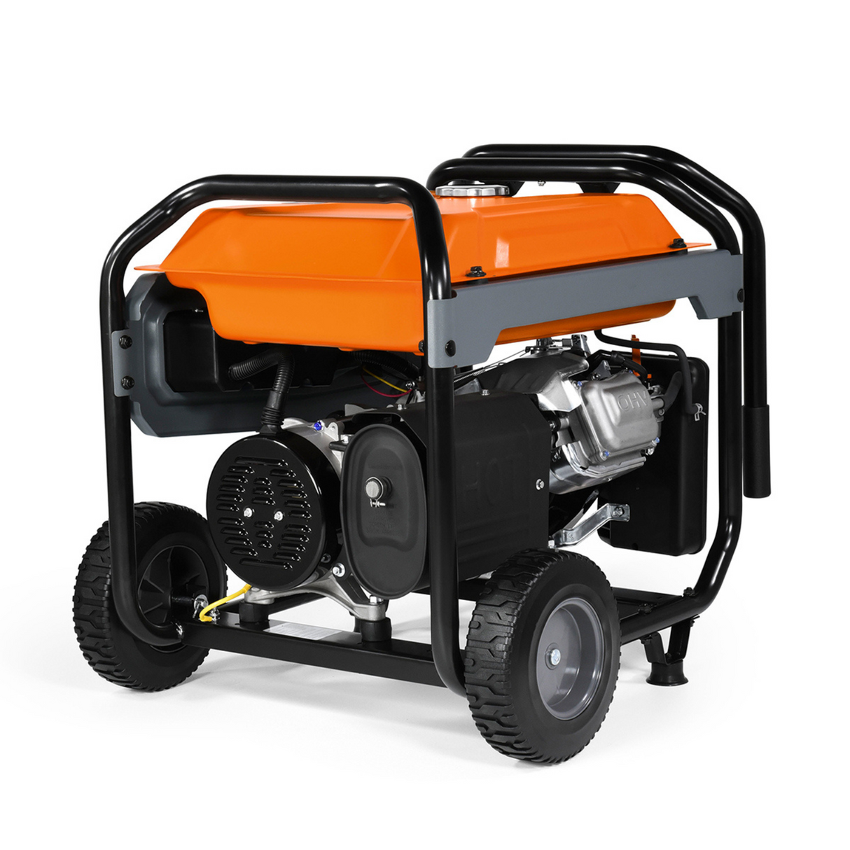Back view of the orange and black Generac GP8000E Portable Generator - Model 7675, highlighting the engine and the large, never-flat wheels.