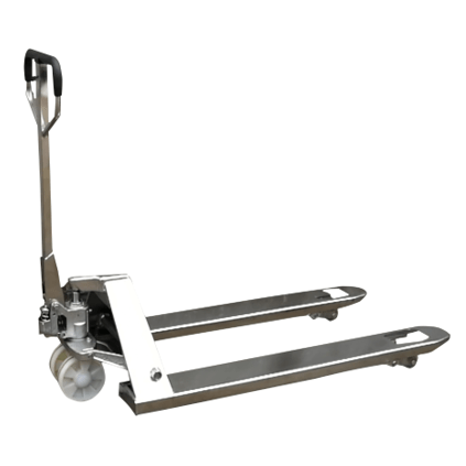 A full front view of the gray galvanized steel EKKO A25G Pallet Jack with black polyurethane wheels, on a white background.