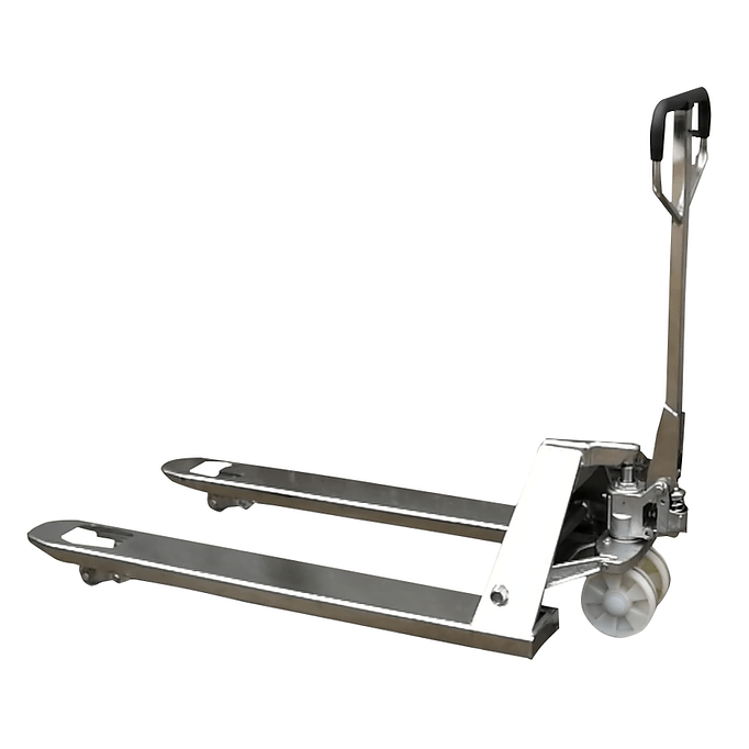 A front angled view of the gray galvanized steel EKKO A25G Pallet Jack with black polyurethane wheels, highlighting the handle and hydraulic pump on a white background.