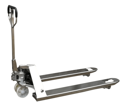 A full view of the EKKO A25S manual pallet jack, showcasing its 100% 304 stainless steel forks and frame against a white background.