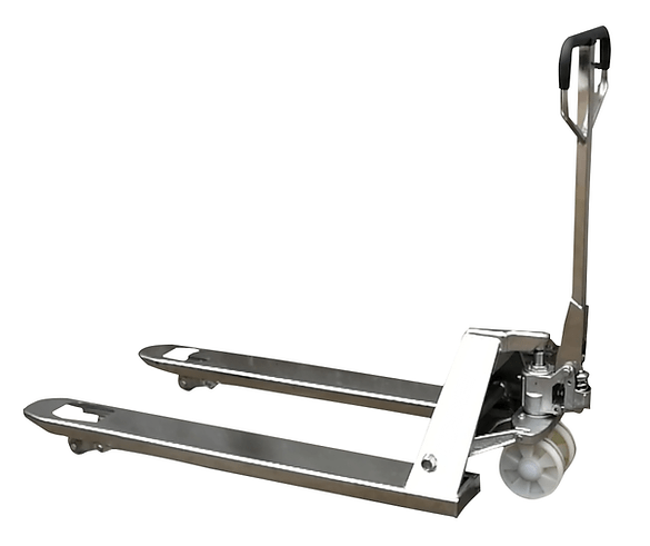 A full view of the EKKO A25S manual pallet jack, showcasing its 100% 304 stainless steel forks and frame against a white background.