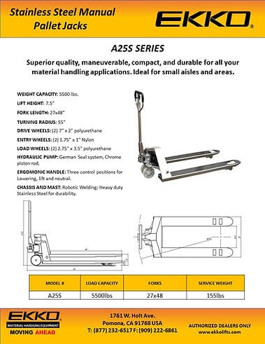 A poster for the EKKO A25S series stainless steel pallet jacks, showing a top and side technical diagram with measurements including an overall length of 63.5 inches, fork length of 48 inches, and a 5,500 lbs capacity.