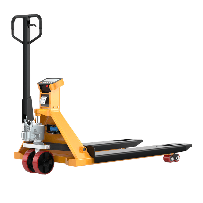A orange and black EKKO A25WL Manual Pallet Jack with a scale and integrated printer on the handle, with red polyurethane wheels on a transparent background.