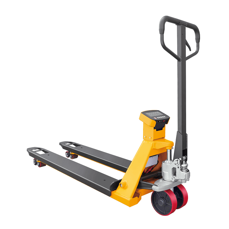 A yellow and black EKKO A25W Manual Pallet Jack with a scale and an ergonomic handle, with red polyurethane wheels on a white background.
