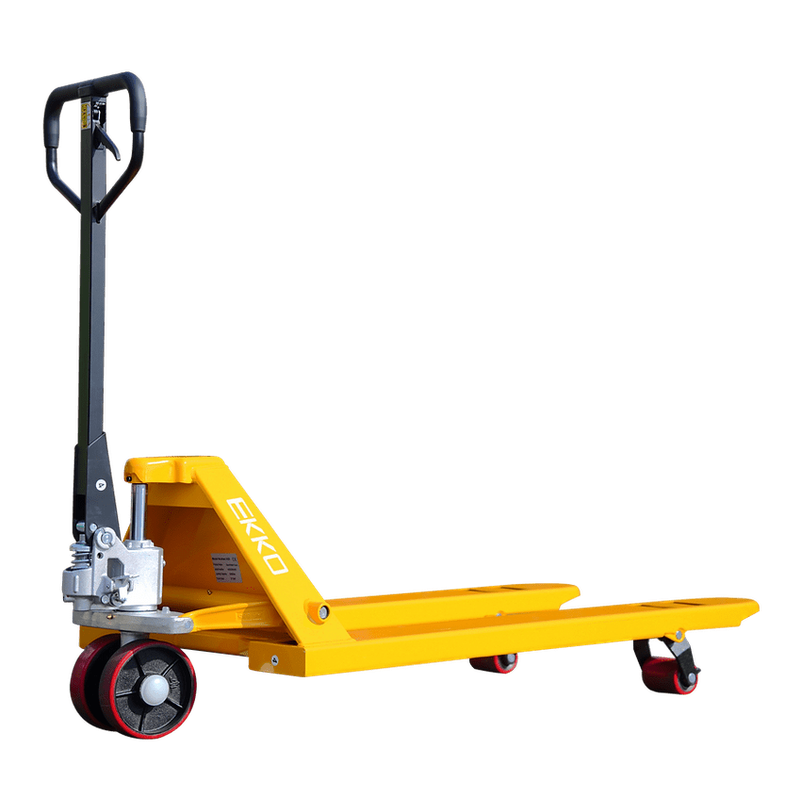A side view of the yellow EKKO A25 Manual Pallet Jack with an ergonomic handle on a transparent background.