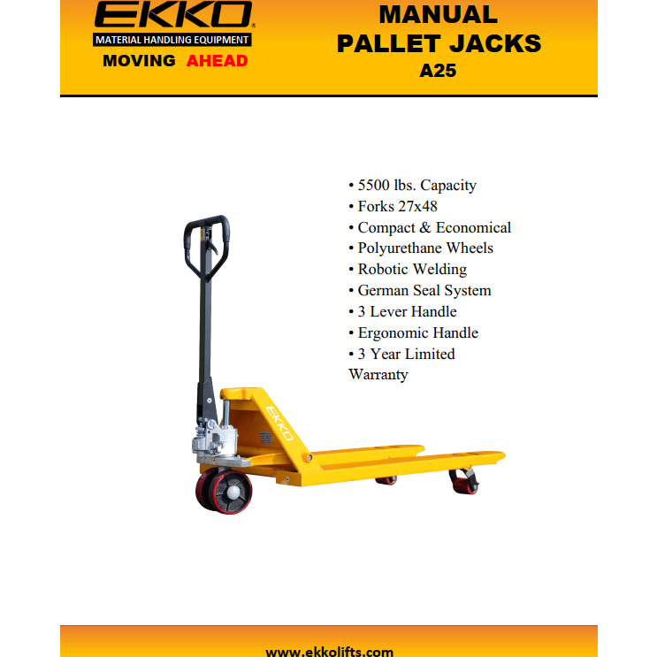 A yellow EKKO A25 Manual Pallet Jack on a white background with a bulleted list overlay of its key features, including a 5500 lbs capacity and 1-year limited warranty.