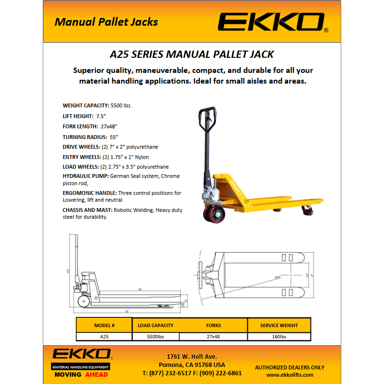 A brochure for the EKKO A25 Series Manual Pallet Jack, showing a side view and technical diagrams, with a 5500 lbs capacity and 160 lbs service weight.