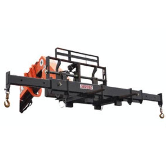 A black telehandler adjustable spreader bar from Haugen with two 5-ton swivel hooks on the ends, attached to a large orange telehandler.