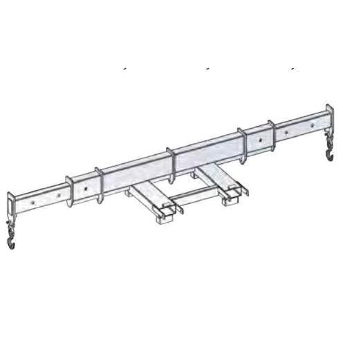 A detailed, three-quarter view line drawing of a Haugen adjustable spreader bar, showing the main beam, sliding fork pockets, and end hooks.