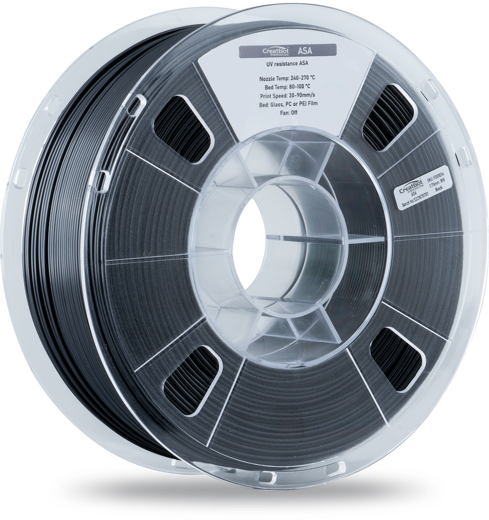 A close-up shot of a CreatBot ASA 1.75mm 1kg 3D printer filament spool in black, with a clear label on the front that details its key attributes and specifications, including material type, diameter, weight, and color.