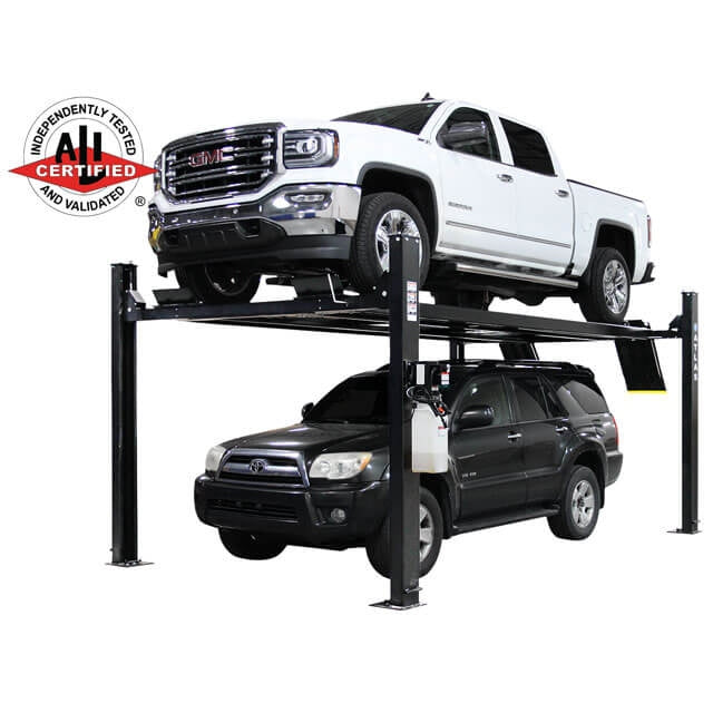 A black Atlas APEX9 4-post lift with a white truck on top and a black SUV on the bottom, featuring an "ALI Certified" logo overlay.