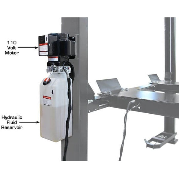 A detailed close-up of the Atlas APEX9's 110-volt motor and hydraulic fluid reservoir on a black column.