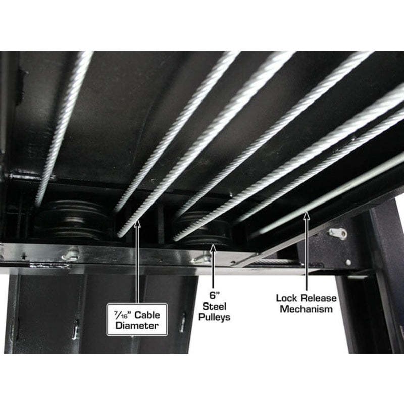 A close-up of the Atlas APEX9's lift pulley system with 1/4" diameter cables and 6" steel pulleys.