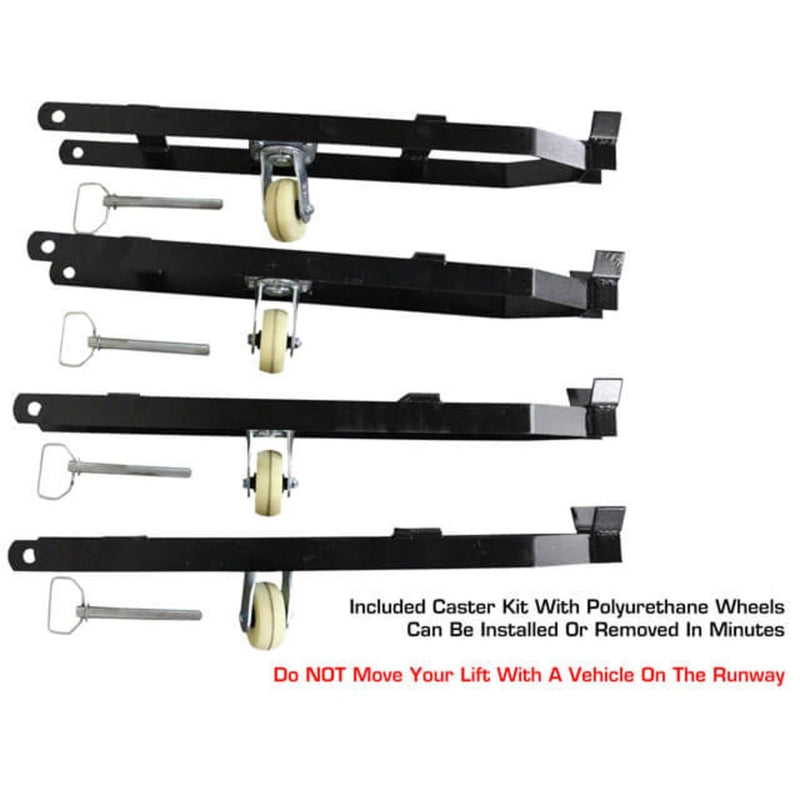 A set of four caster kit extensions with polyurethane wheels for the Atlas APEX9 lift. A warning states not to move the lift with a vehicle on the runway.