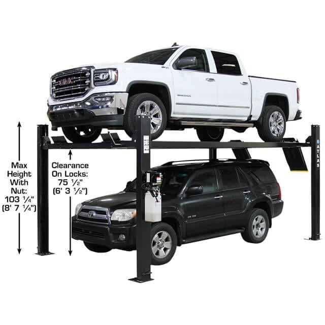 A diagram of the black Atlas APEX9 4-post lift with a truck and SUV, showing the 86" maximum lifting height and 75 1/4" clearance on locks.