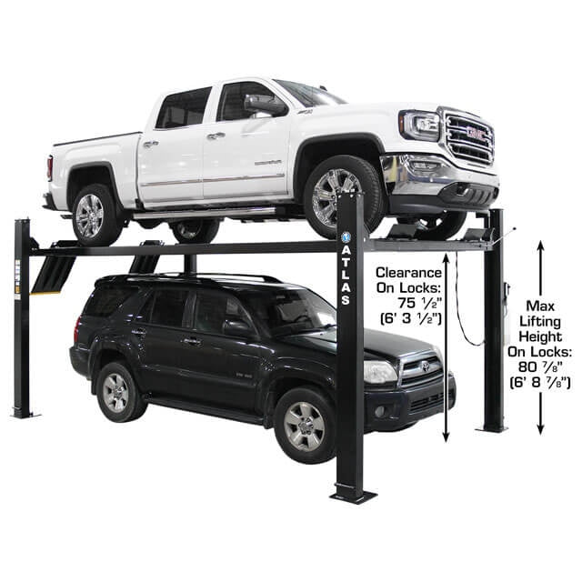 A diagram of the black Atlas APEX9 4-post lift with a truck on top and an SUV on the bottom, showing the 80 1/4" maximum lifting height on the locks and 99" column height.