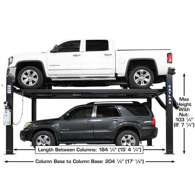 A diagram of the black Atlas APEX9 4-post lift with a truck and SUV, showing a length between columns of 184 1/4" and an overall length of 204" without ramps.