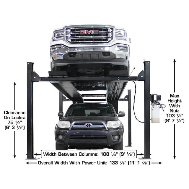 A diagram of the black Atlas APEX9 4-post lift with a truck and SUV, showing a width between columns of 108 1/8" and an overall width of 133 7/8" with the motor.