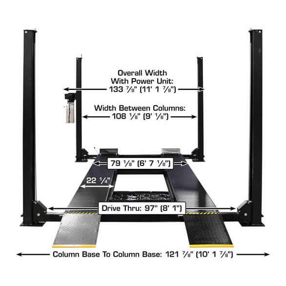 A diagram of the black Atlas APEX9 4-post lift, showing the 79" outside-to-outside runway width and a 22 1/4" runway width.