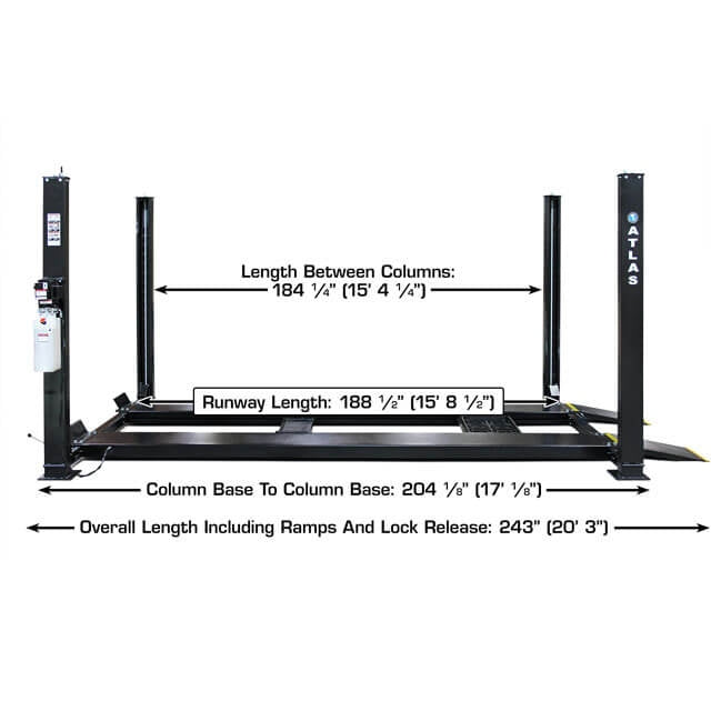 A diagram of the black Atlas APEX9 4-post lift, showing the 184 1/4" length between columns, 196 1/2" runway length, and a 204" overall length without ramps.