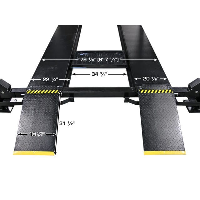 A diagram of the black Atlas APEX9 4-post lift, showing the 79" outside-to-outside runway width and a 20 1/8" runway width.